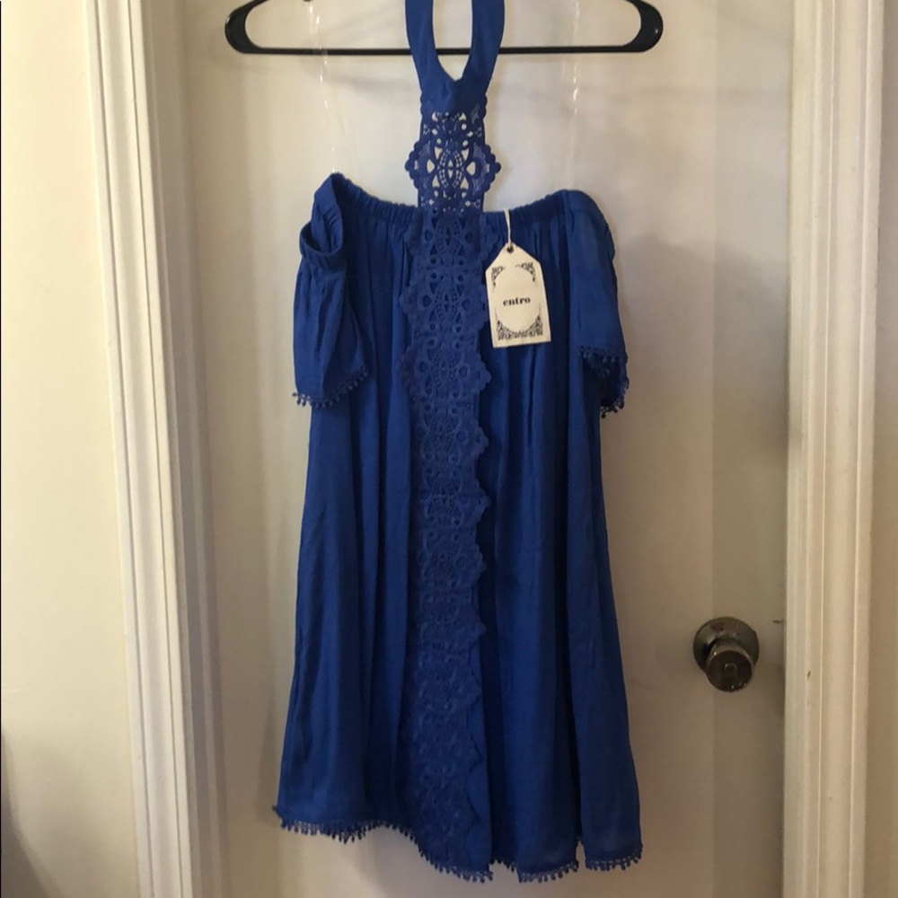 Pretty blue off shoulder lace trim summer dress